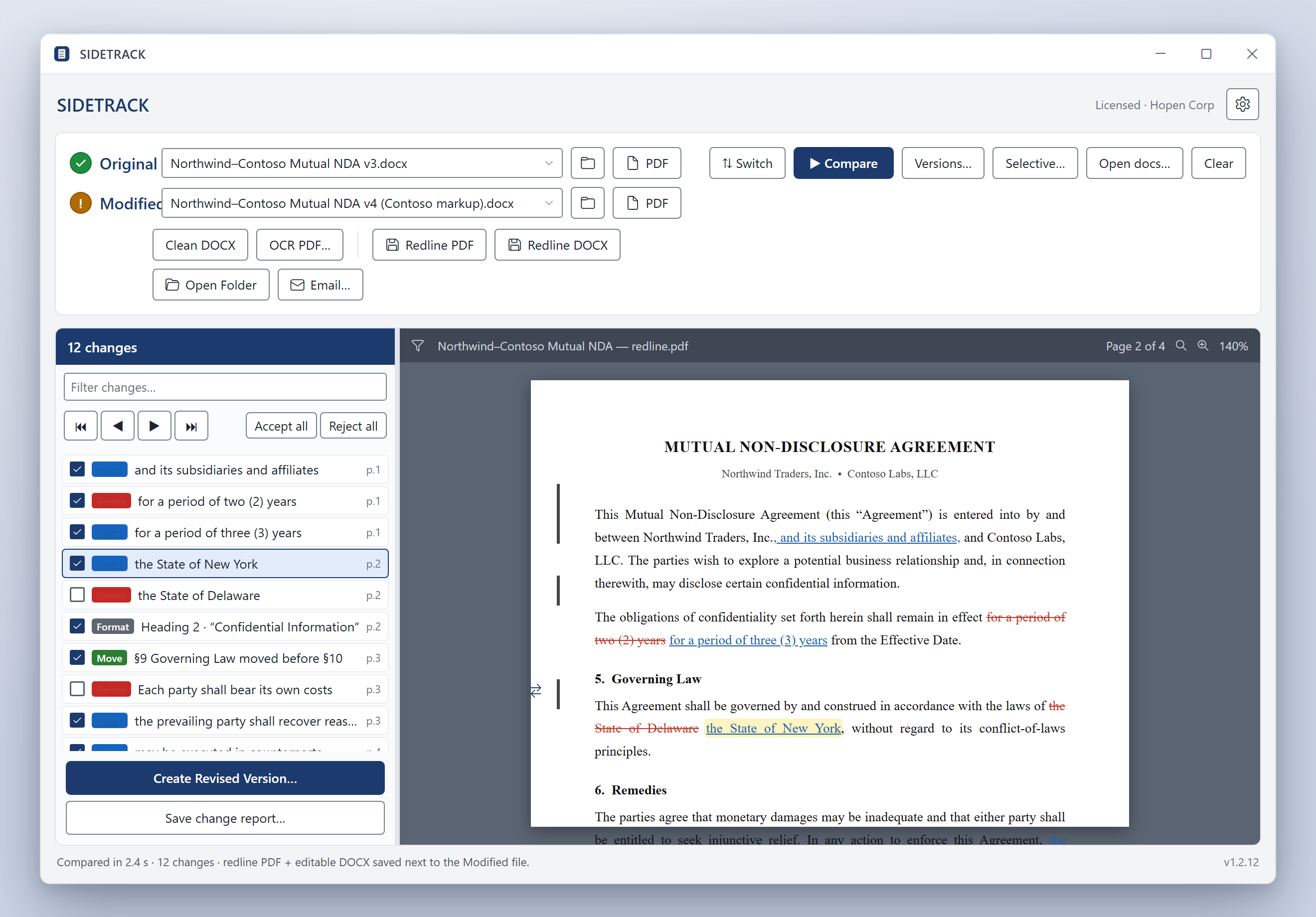 SIDETRACK comparing two versions of a Mutual NDA, showing the Change List and redline preview
